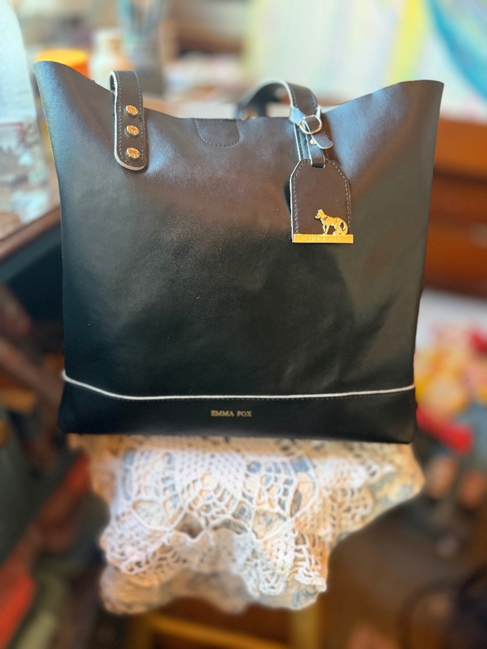 Emma Fox Black Pebbled Leather Tote Bag: Gold Hardware, Interior Pocket, Spaciou
